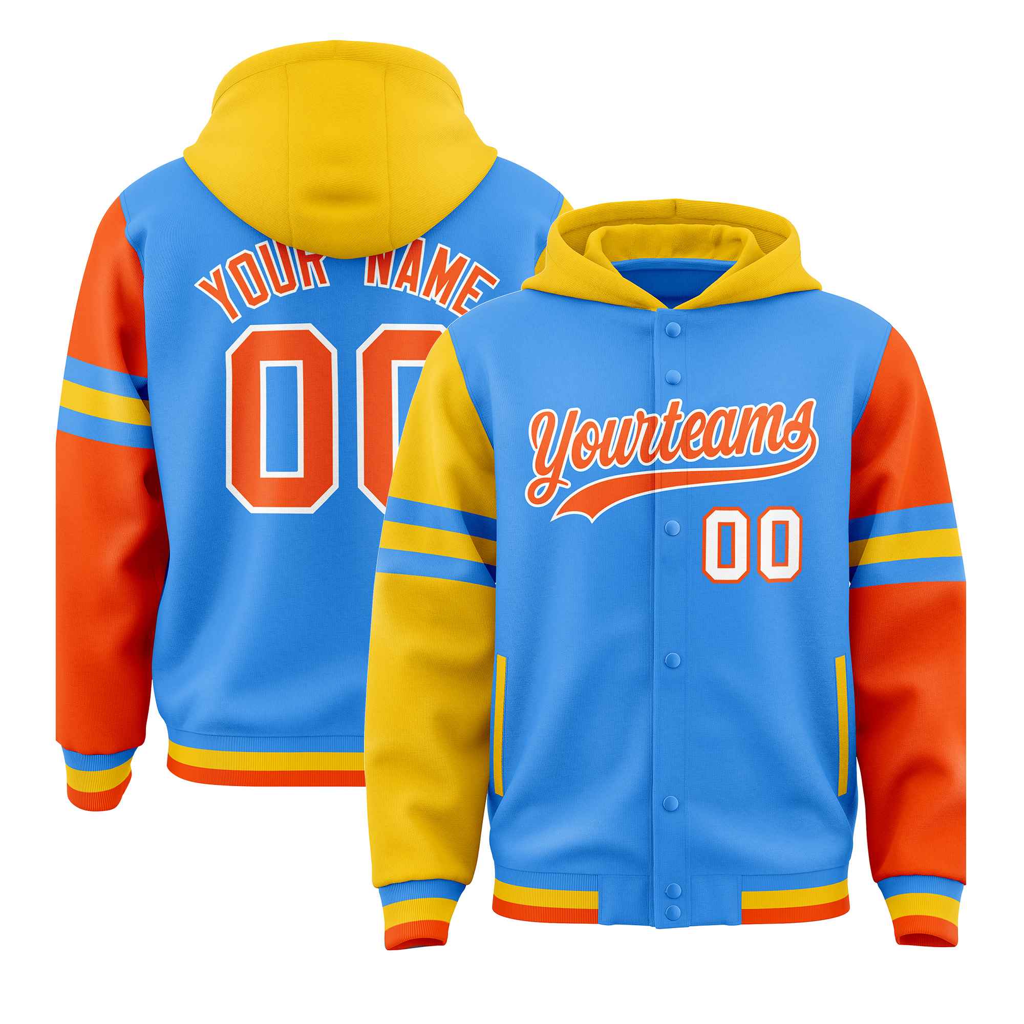 Custom Powder Blue Gold-Orange Raglan Sleeves Varsity Full-Snap Letterman Three Stripes Hoodie Jacket