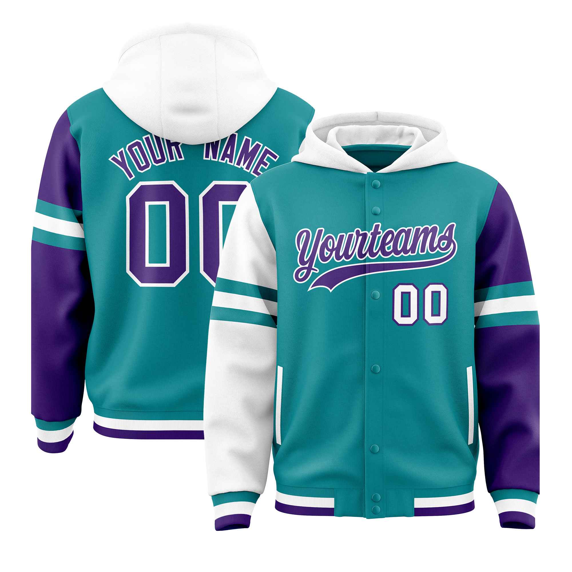 Custom Aqua White-Purple Raglan Sleeves Varsity Full-Snap Letterman Three Stripes Hoodie Jacket