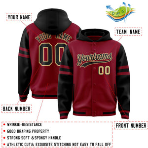 Custom Crimson Black Raglan Sleeves Varsity Full-Snap Letterman Three Stripes Hoodie Jacket