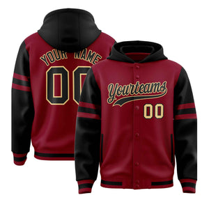 Custom Crimson Black Raglan Sleeves Varsity Full-Snap Letterman Three Stripes Hoodie Jacket