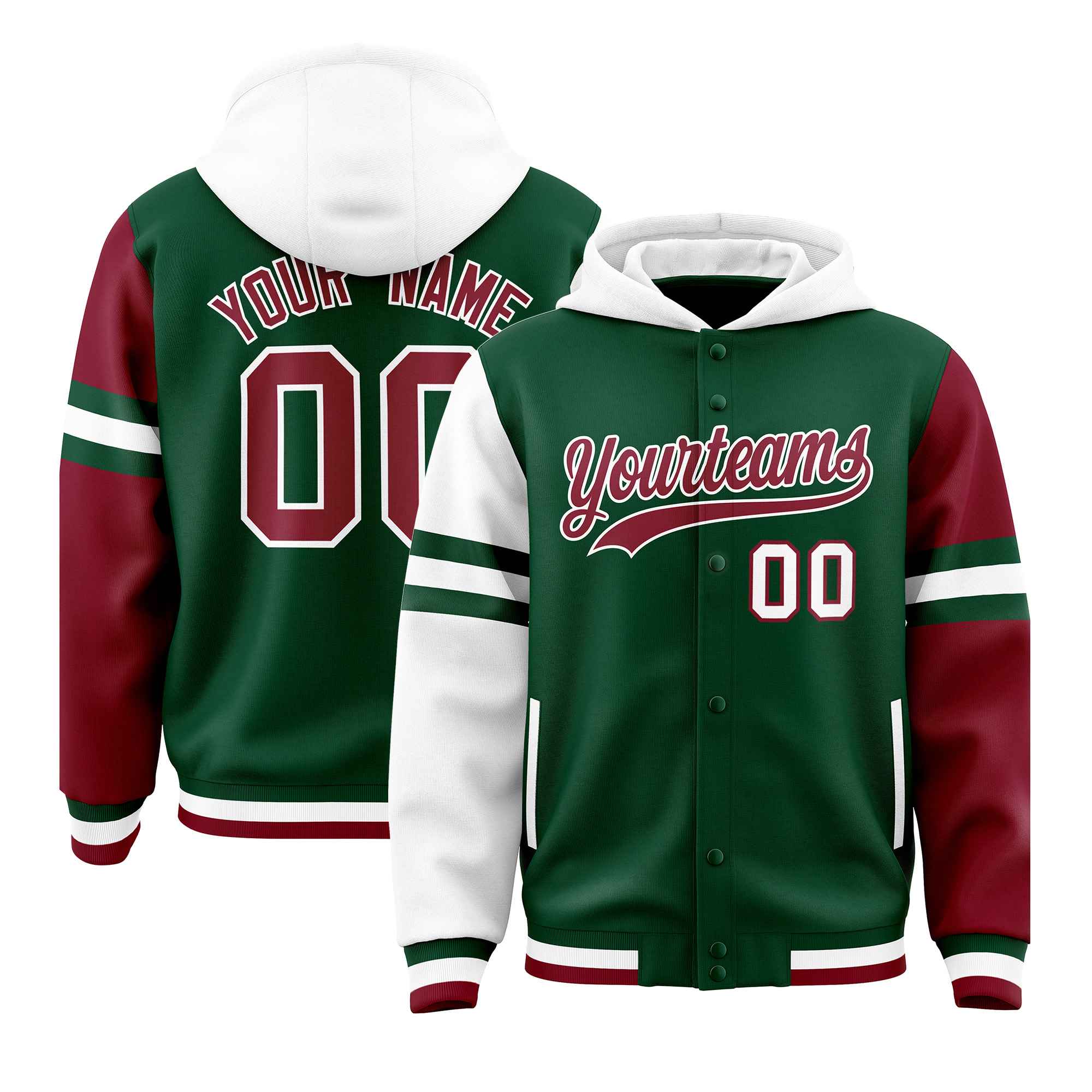 Custom Green White-Crimson Raglan Sleeves Varsity Full-Snap Letterman Three Stripes Hoodie Jacket