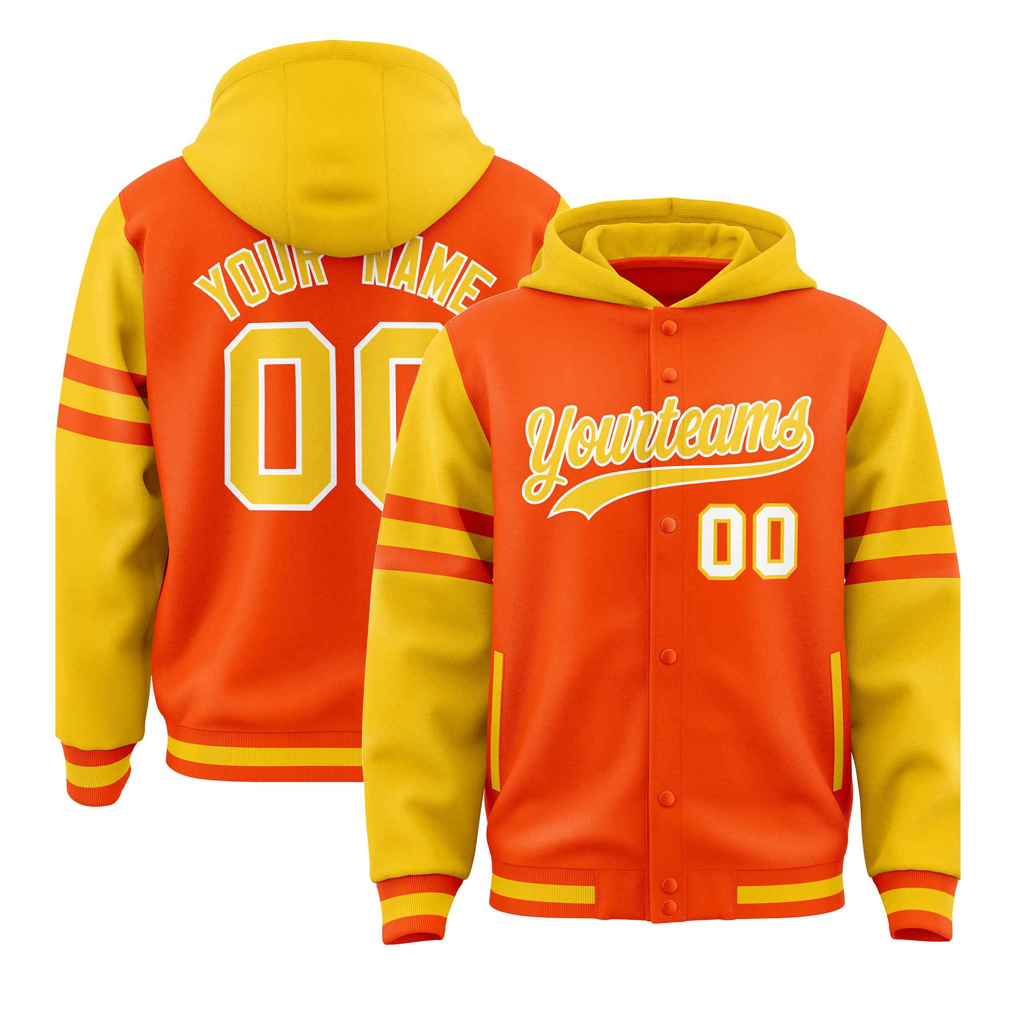 Custom Orange Gold Raglan Sleeves Varsity Full-Snap Letterman Three Stripes Hoodie Jacket