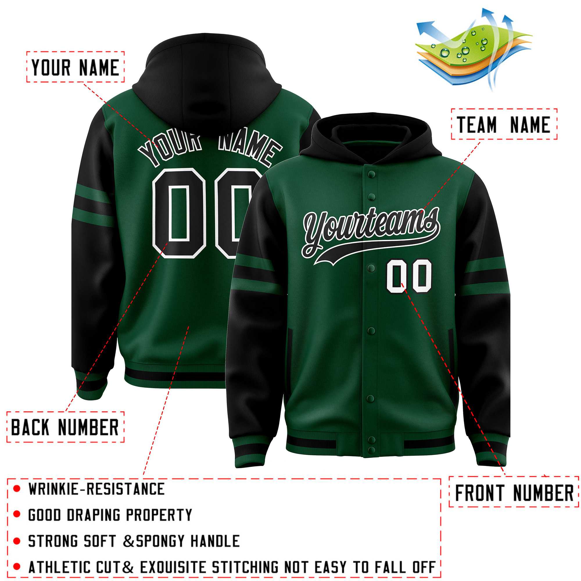 Custom Green Black Raglan Sleeves Varsity Full-Snap Letterman Three Stripes Hoodie Jacket