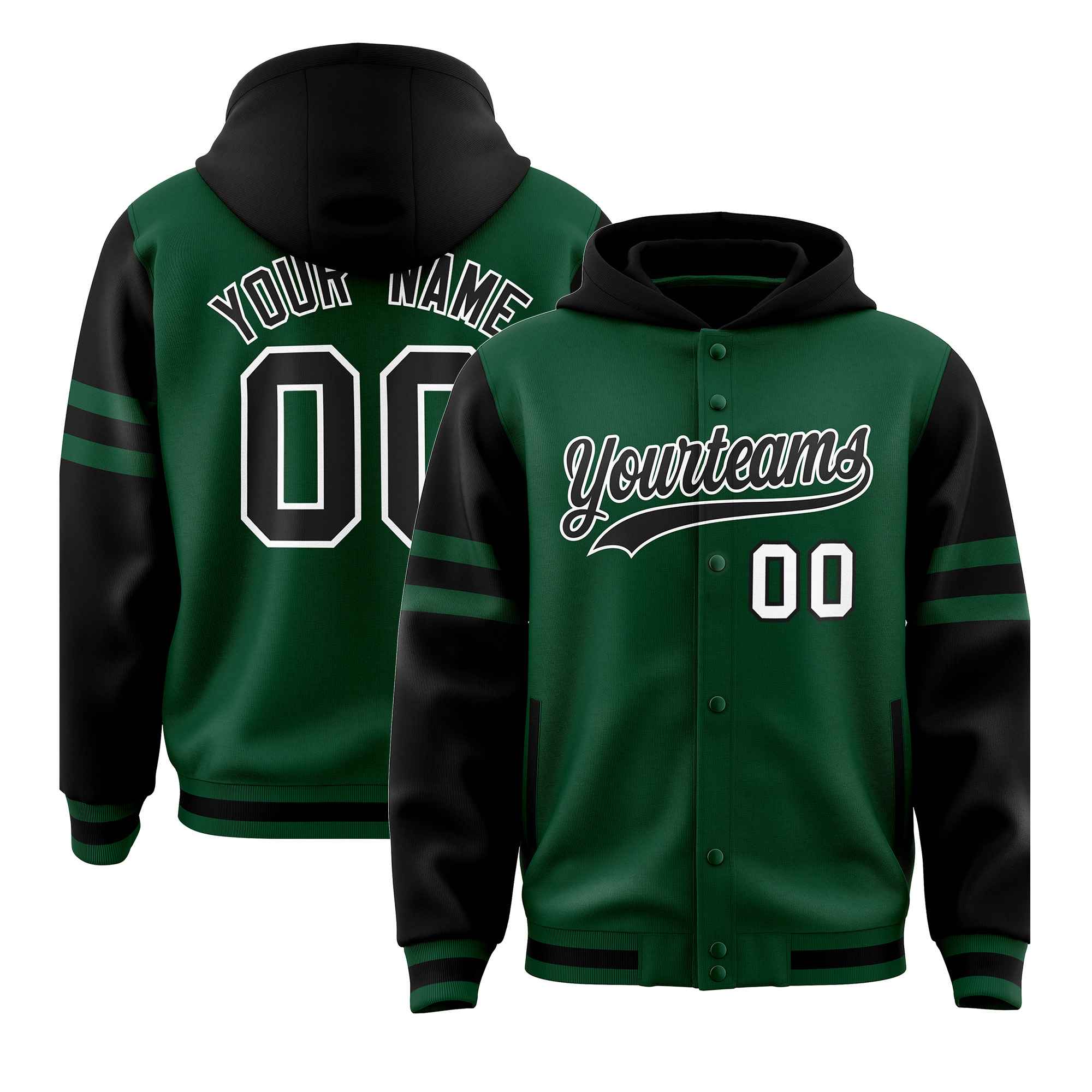 Custom Green Black Raglan Sleeves Varsity Full-Snap Letterman Three Stripes Hoodie Jacket