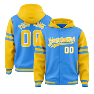 Custom Powder Blue Gold Raglan Sleeves Varsity Full-Snap Letterman Three Stripes Hoodie Jacket