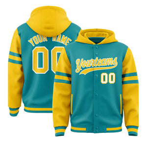 Custom Aqua Gold Raglan Sleeves Varsity Full-Snap Letterman Three Stripes Hoodie Jacket