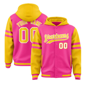 Custom Pink Gold Raglan Sleeves Varsity Full-Snap Letterman Three Stripes Hoodie Jacket