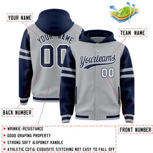 Custom Silver Navy Raglan Sleeves Varsity Full-Snap Letterman Three Stripes Hoodie Jacket