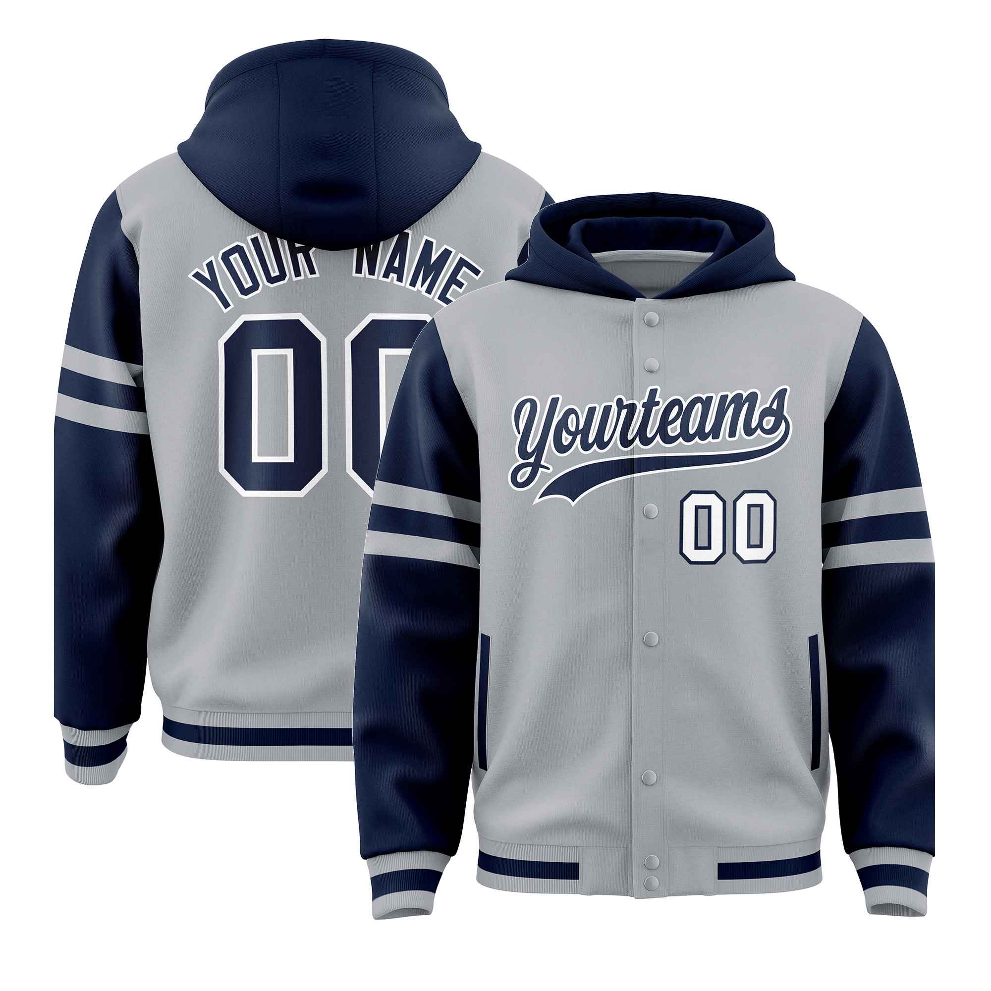 Custom Silver Navy Raglan Sleeves Varsity Full-Snap Letterman Three Stripes Hoodie Jacket