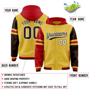 Custom Old Gold Red-Brown Raglan Sleeves Varsity Full-Snap Letterman Three Stripes Hoodie Jacket