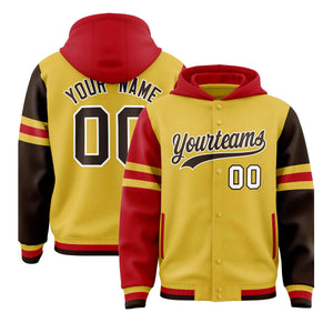 Custom Old Gold Red-Brown Raglan Sleeves Varsity Full-Snap Letterman Three Stripes Hoodie Jacket