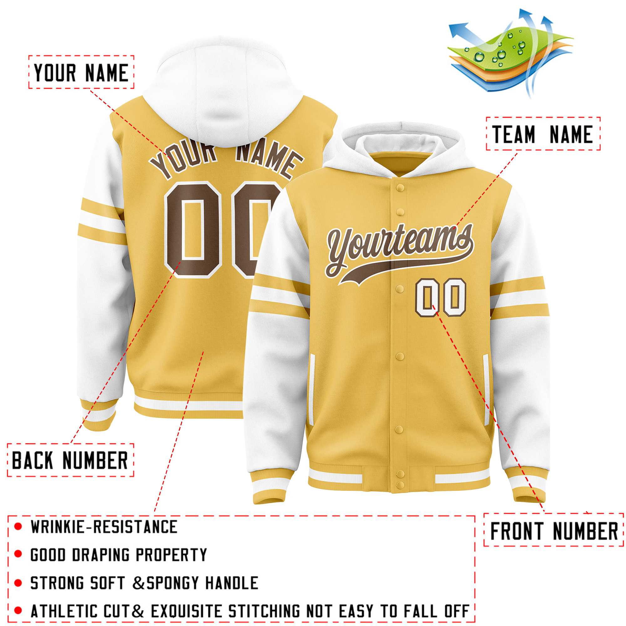 Custom Khaki White Raglan Sleeves Varsity Full-Snap Letterman Three Stripes Hoodie Jacket