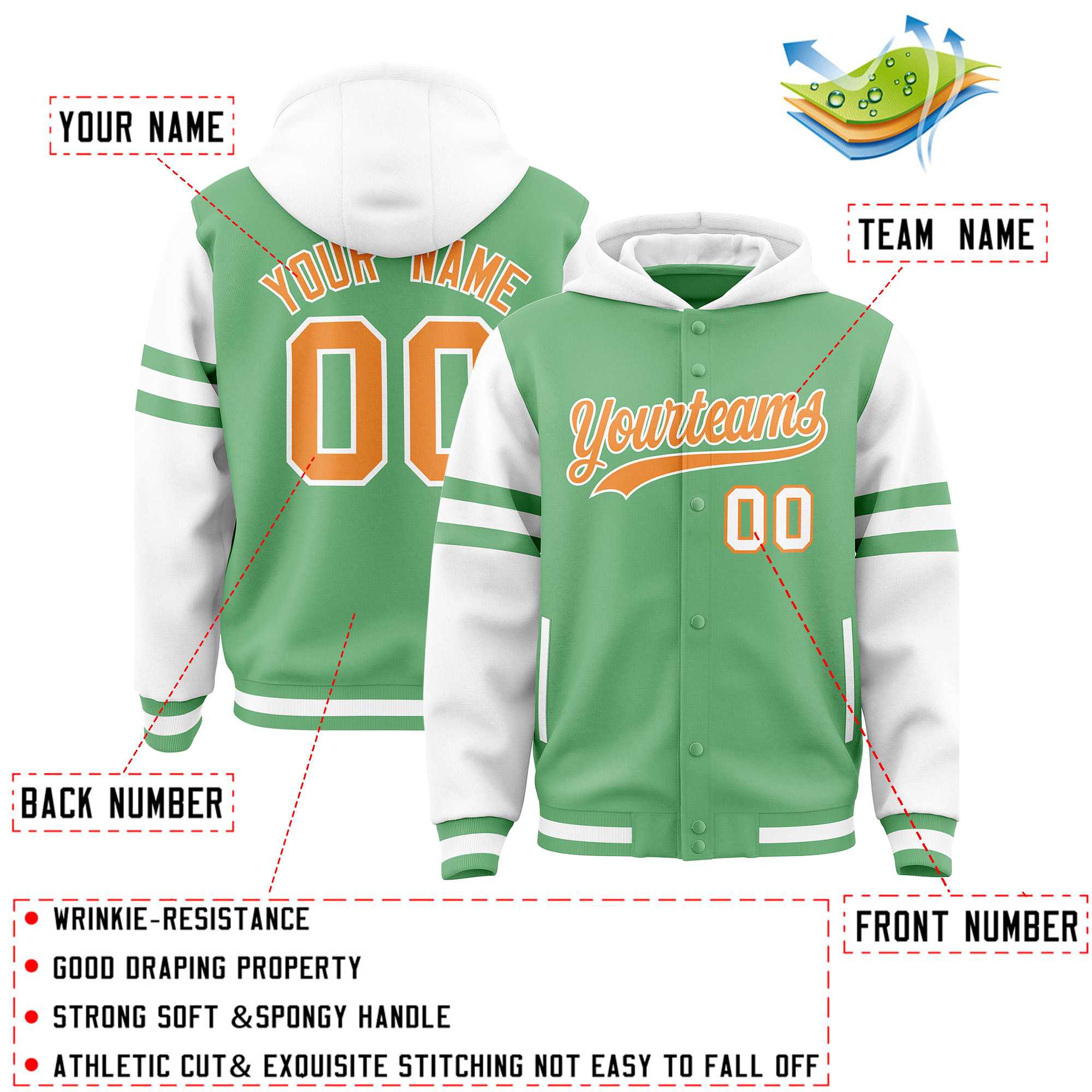 Custom Light Green White Raglan Sleeves Varsity Full-Snap Letterman Three Stripes Hoodie Jacket