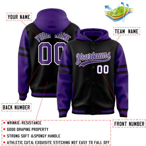 Custom Black Purple Raglan Sleeves Varsity Full-Snap Letterman Three Stripes Hoodie Jacket