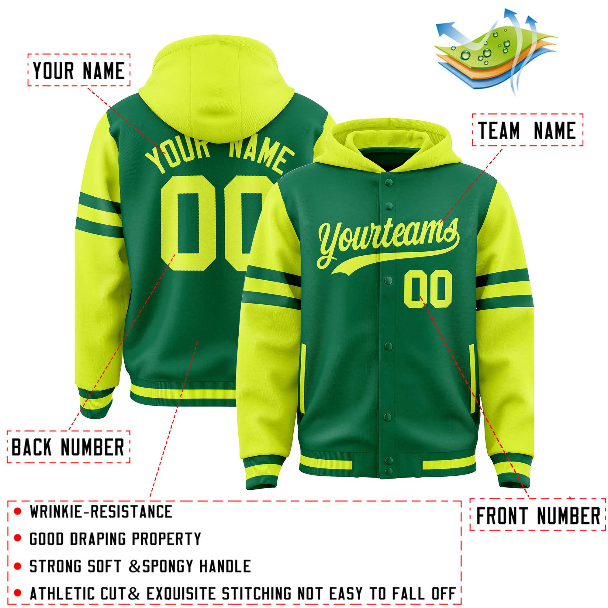 Custom Kelly Green Fluorescent Green Raglan Sleeves Varsity Full-Snap Letterman Three Stripes Hoodie Jacket