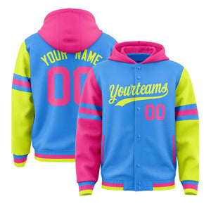 Custom Powder Blue Pink-Fluorescent Green Raglan Sleeves Varsity Full-Snap Letterman Three Stripes Hoodie Jacket