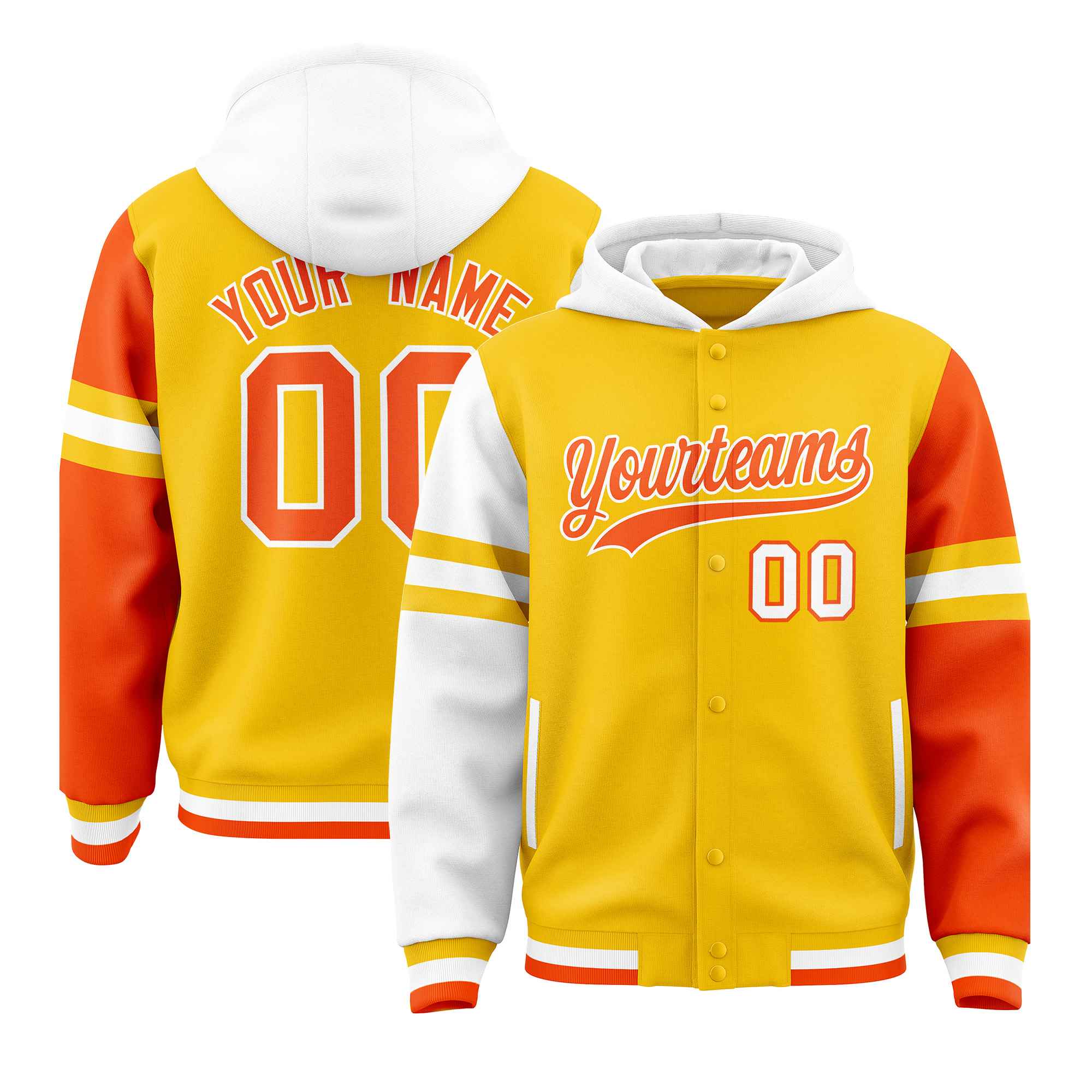 Custom Gold White-Orange Raglan Sleeves Varsity Full-Snap Letterman Three Stripes Hoodie Jacket