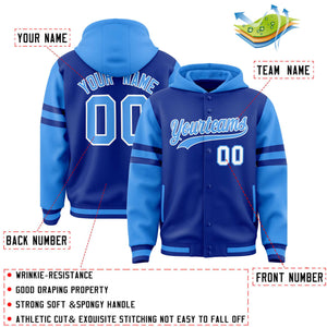 Custom Royal Powder Blue Raglan Sleeves Varsity Full-Snap Letterman Three Stripes Hoodie Jacket