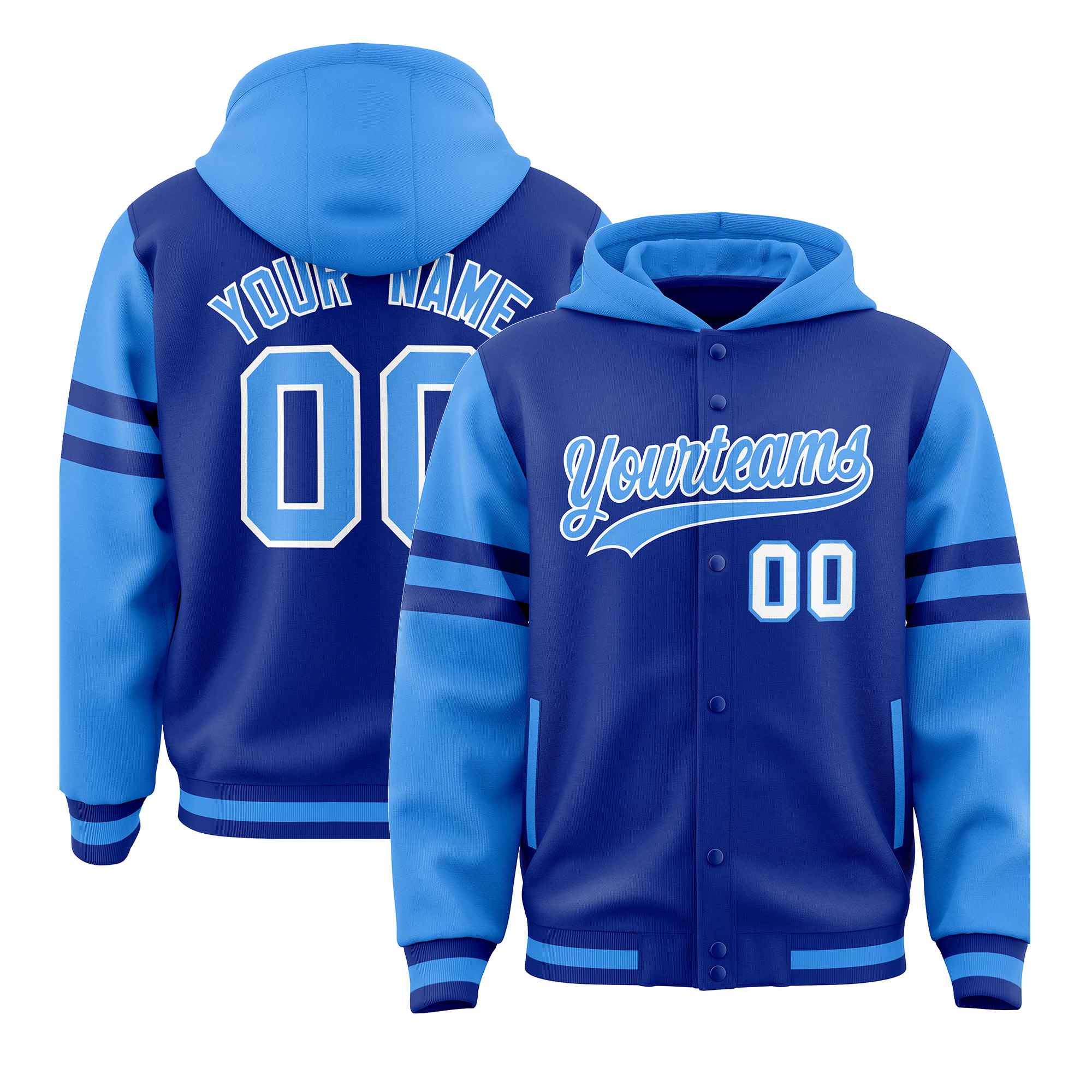 Custom Royal Powder Blue Raglan Sleeves Varsity Full-Snap Letterman Three Stripes Hoodie Jacket