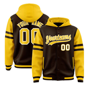 Custom Brown Gold Raglan Sleeves Varsity Full-Snap Letterman Three Stripes Hoodie Jacket