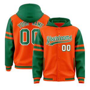 Custom Orange Kelly Green Raglan Sleeves Varsity Full-Snap Letterman Three Stripes Hoodie Jacket