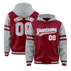 Custom Crimson Silver Raglan Sleeves Varsity Full-Snap Letterman Three Stripes Hoodie Jacket