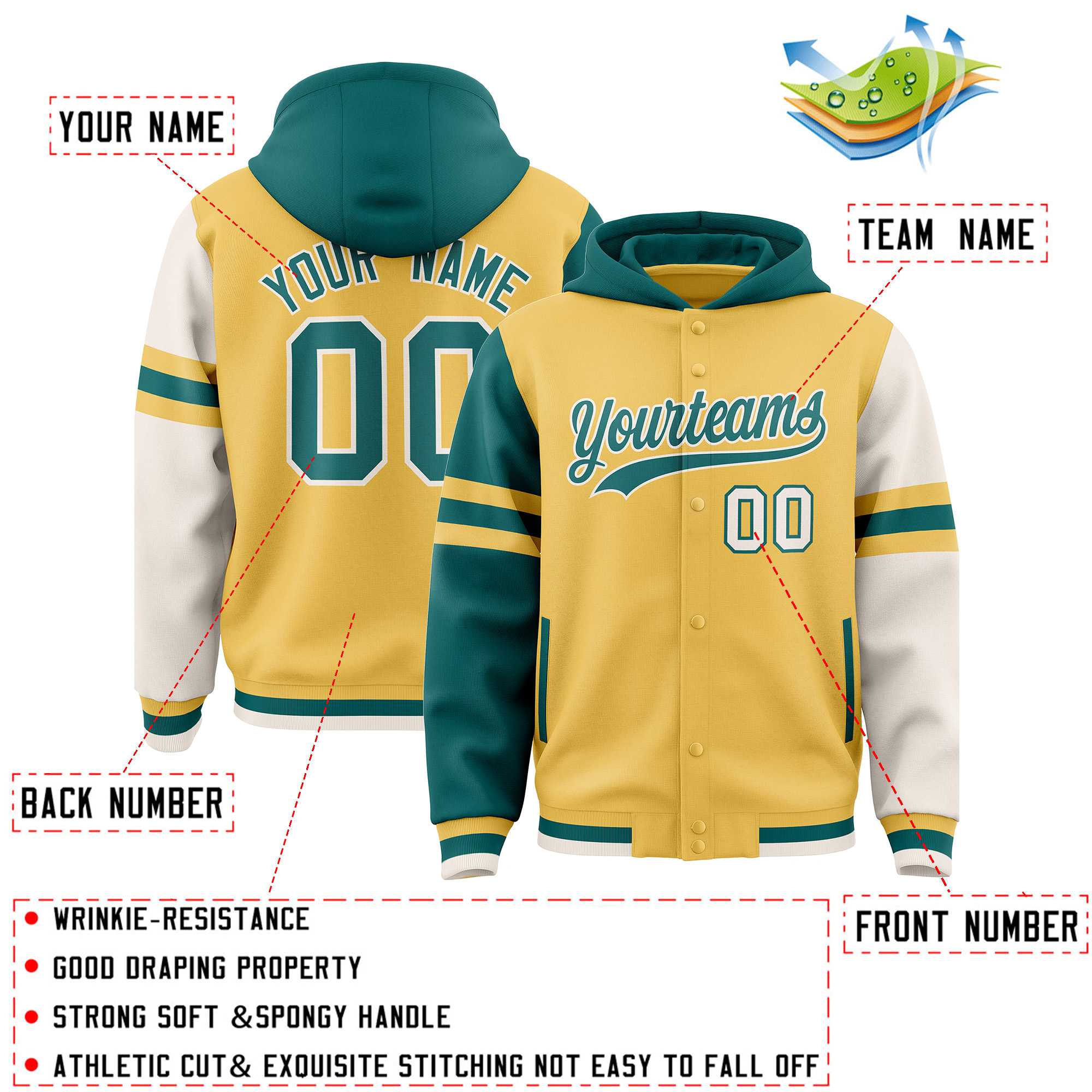 Custom Khaki Aqua-Cream Raglan Sleeves Varsity Full-Snap Letterman Three Stripes Hoodie Jacket