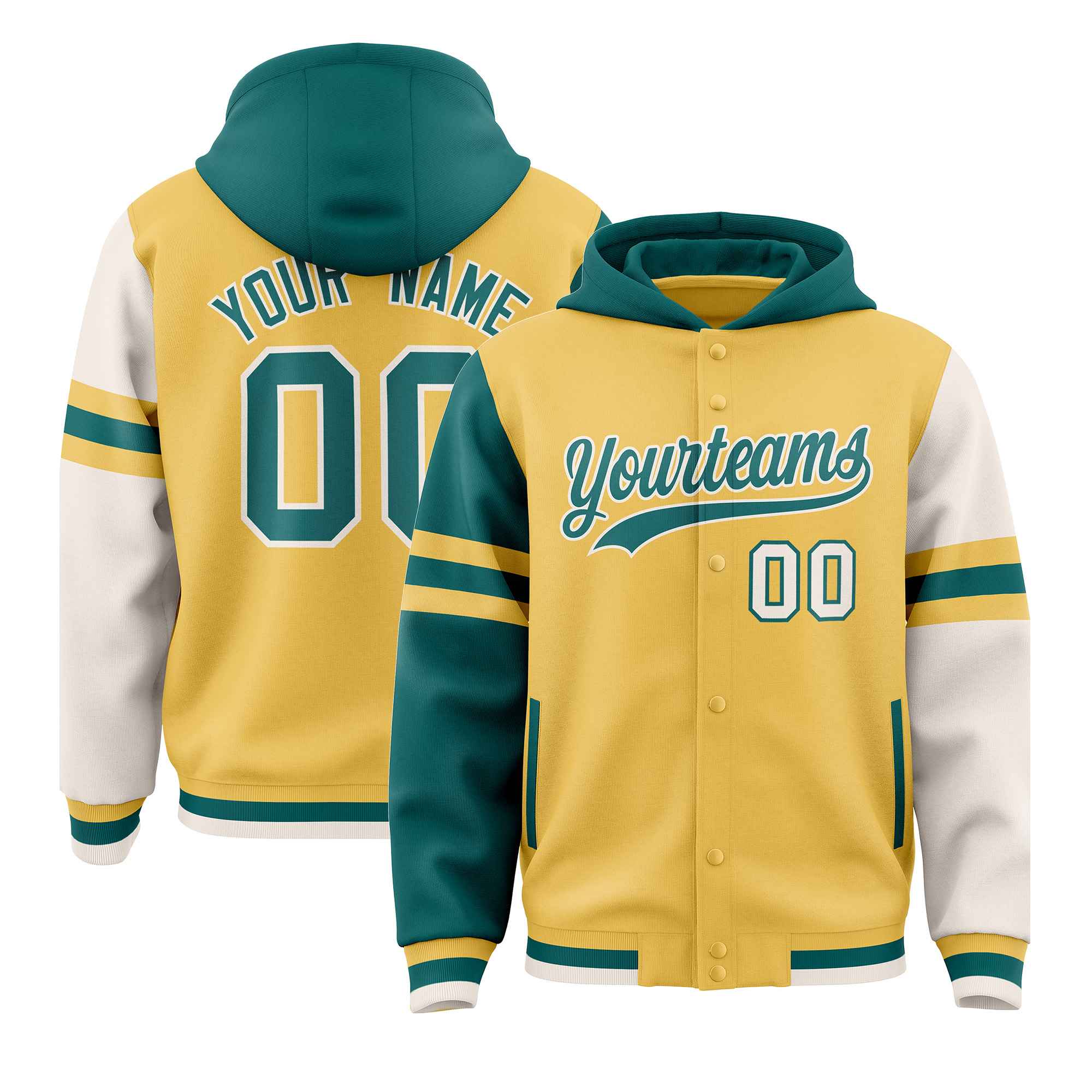 Custom Khaki Aqua-Cream Raglan Sleeves Varsity Full-Snap Letterman Three Stripes Hoodie Jacket