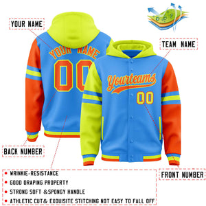 Custom Powder Blue Fluorescent Green-Orange Raglan Sleeves Varsity Full-Snap Letterman Three Stripes Hoodie Jacket