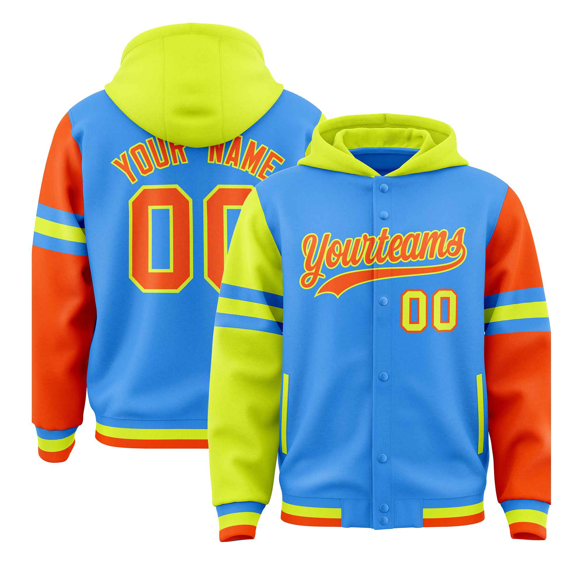 Custom Powder Blue Fluorescent Green-Orange Raglan Sleeves Varsity Full-Snap Letterman Three Stripes Hoodie Jacket