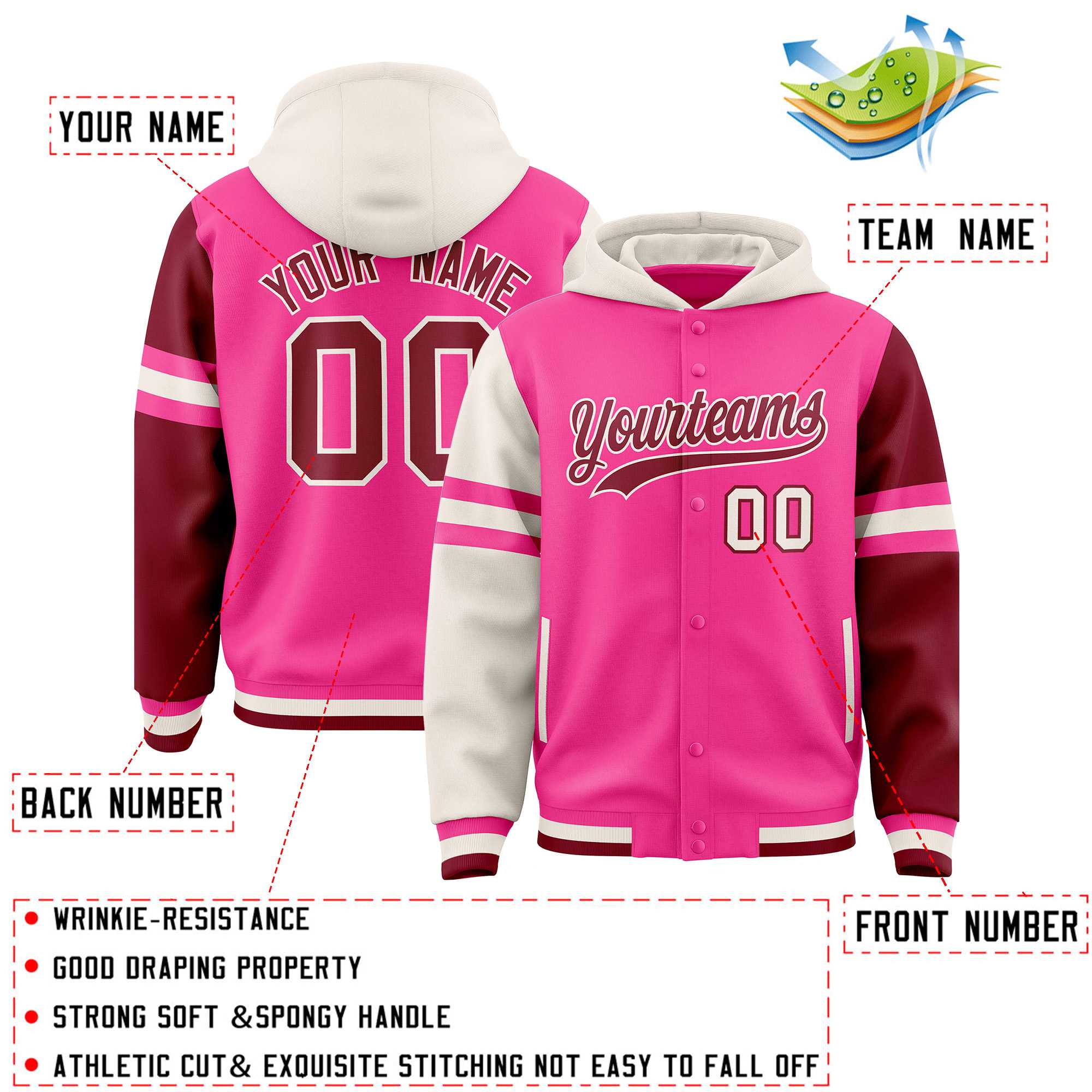 Custom Pink Cream-Crimson Raglan Sleeves Varsity Full-Snap Letterman Three Stripes Hoodie Jacket