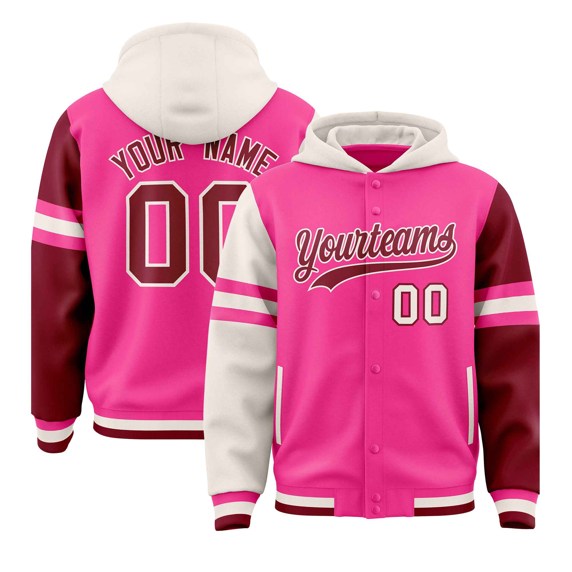 Custom Pink Cream-Crimson Raglan Sleeves Varsity Full-Snap Letterman Three Stripes Hoodie Jacket