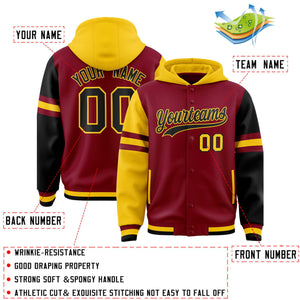 Custom Crimson Gold-Black Raglan Sleeves Varsity Full-Snap Letterman Three Stripes Hoodie Jacket