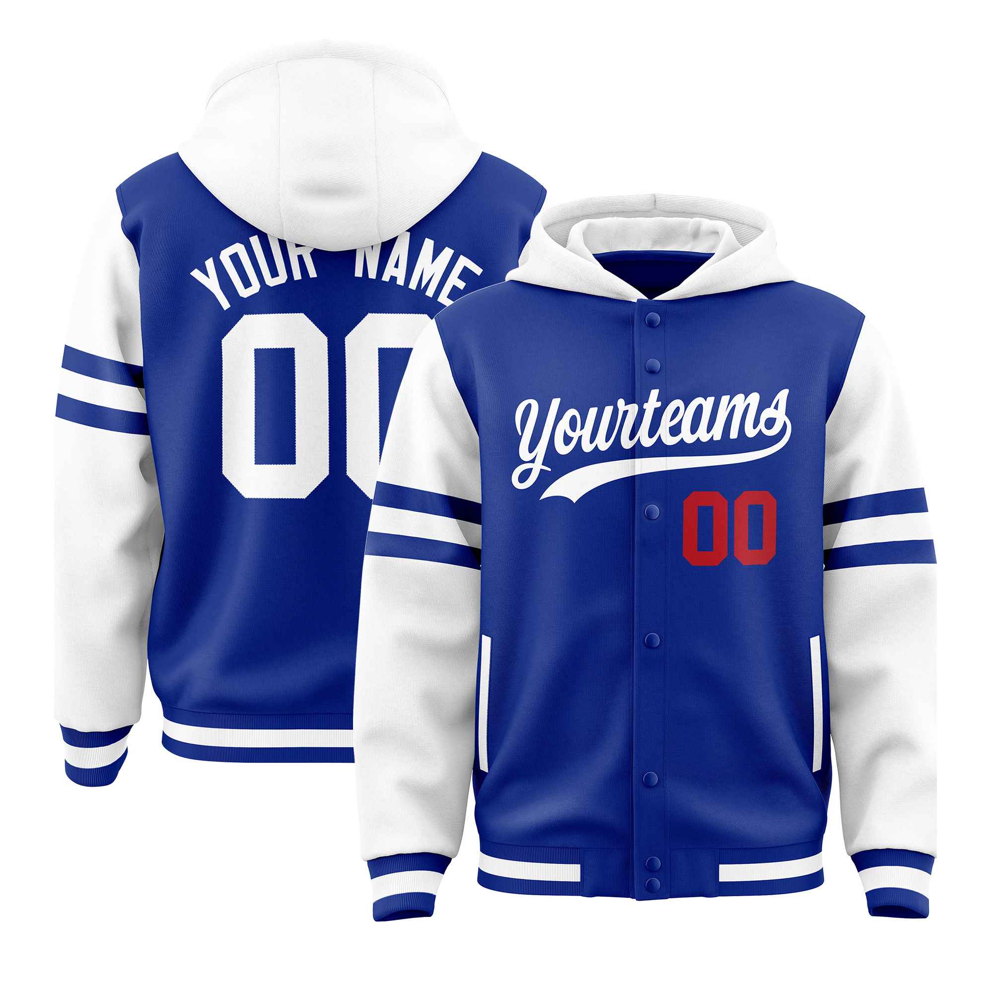 Custom Royal White Raglan Sleeves Varsity Full-Snap Letterman Three Stripes Hoodie Jacket