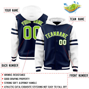 Custom Navy White Raglan Sleeves Varsity Full-Snap Letterman Three Stripes Hoodie Jacket