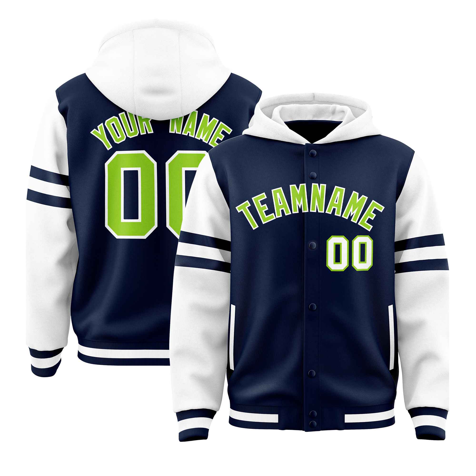 Custom Navy White Raglan Sleeves Varsity Full-Snap Letterman Three Stripes Hoodie Jacket