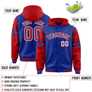 Custom Royal Red Raglan Sleeves Varsity Full-Snap Letterman Three Stripes Hoodie Jacket