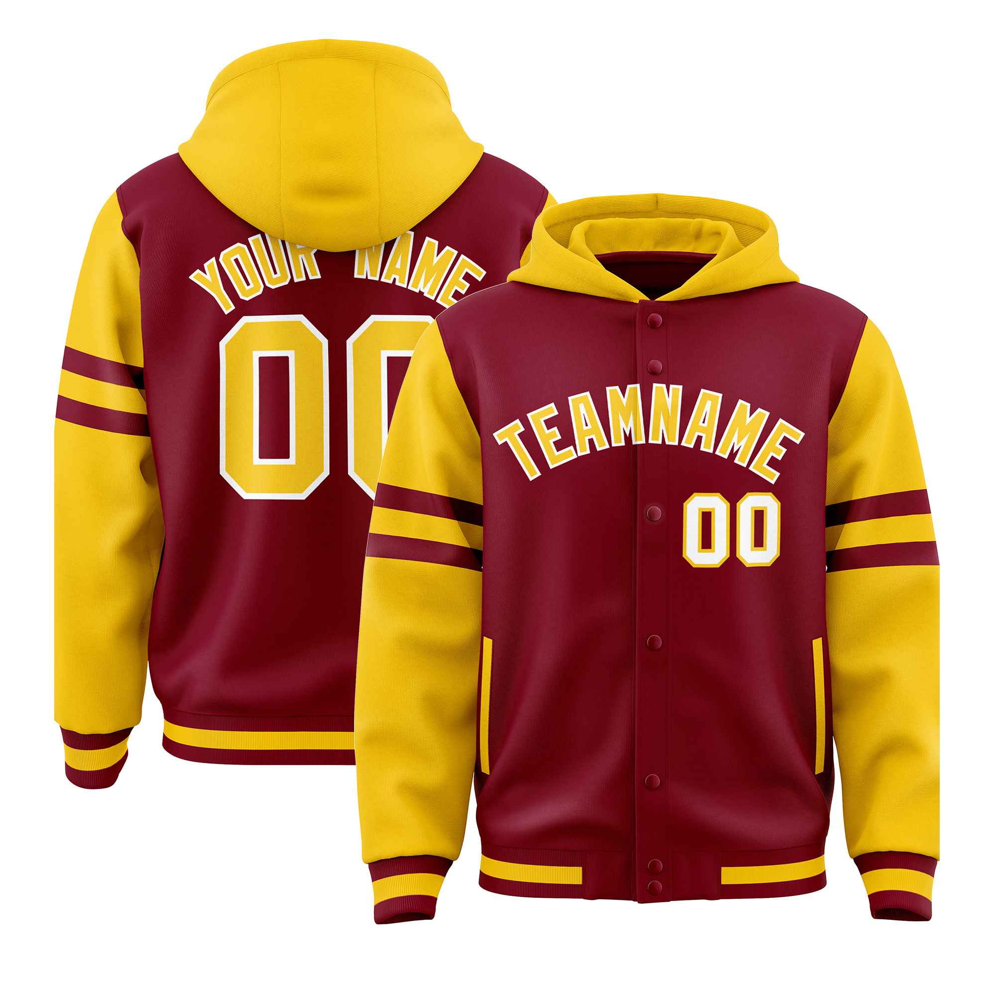 Custom Crimson Gold Raglan Sleeves Varsity Full-Snap Letterman Three Stripes Hoodie Jacket