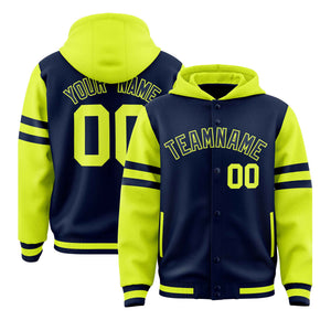 Custom Navy Fluorescent Green Raglan Sleeves Varsity Full-Snap Letterman Three Stripes Hoodie Jacket