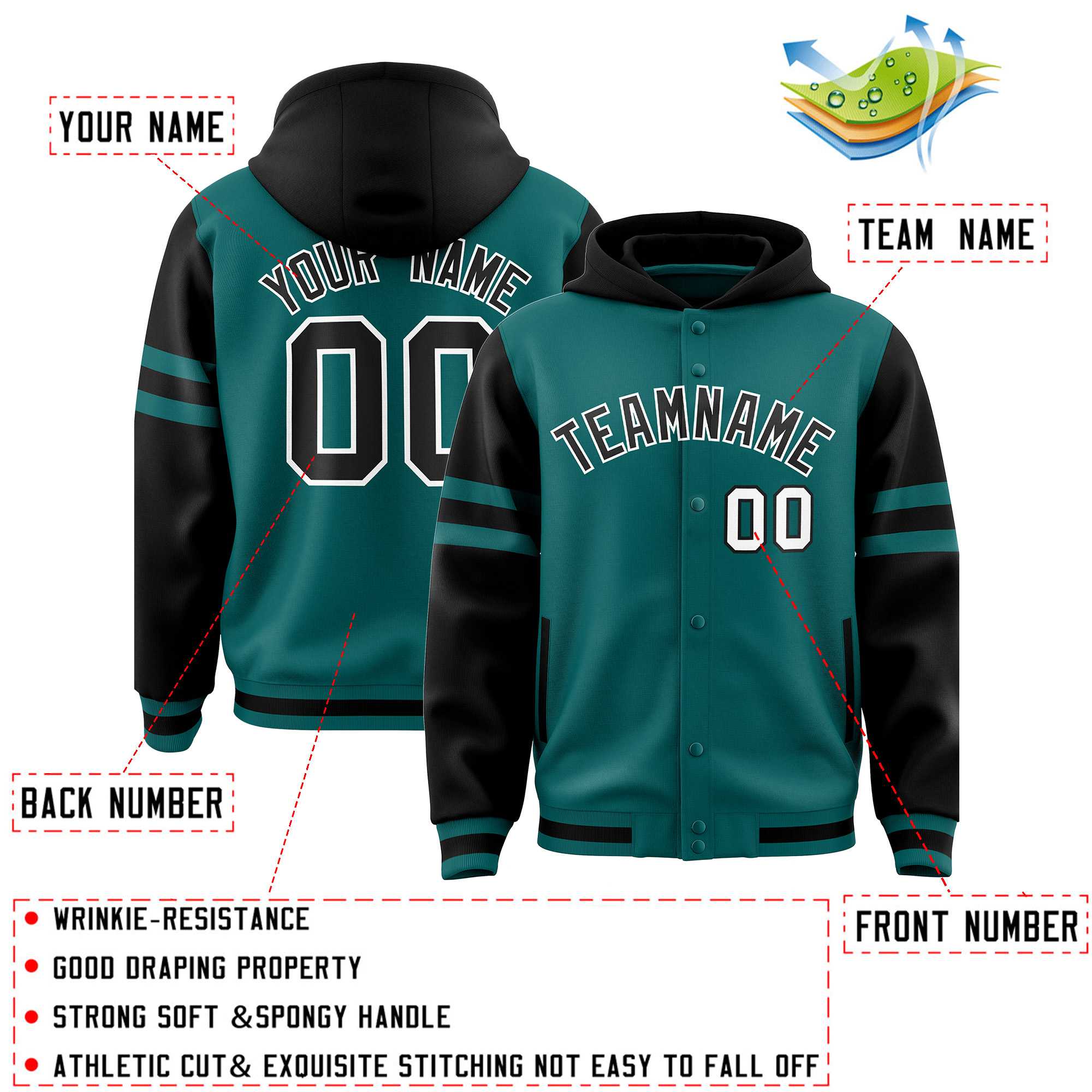 Custom Aqua Black Raglan Sleeves Varsity Full-Snap Letterman Three Stripes Hoodie Jacket