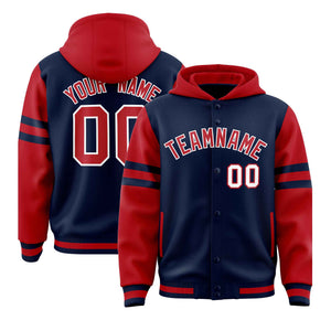 Custom Navy Red Raglan Sleeves Varsity Full-Snap Letterman Three Stripes Hoodie Jacket