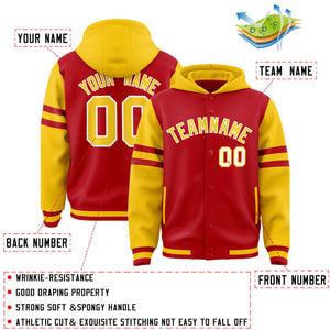 Custom Red Gold Raglan Sleeves Varsity Full-Snap Letterman Three Stripes Hoodie Jacket