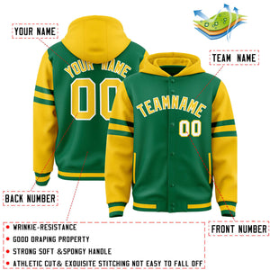 Custom Kelly Green Gold Raglan Sleeves Varsity Full-Snap Letterman Three Stripes Hoodie Jacket