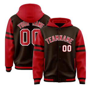 Custom Brown Red Raglan Sleeves Varsity Full-Snap Letterman Three Stripes Hoodie Jacket