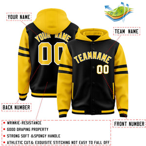 Custom Black Gold Raglan Sleeves Varsity Full-Snap Letterman Three Stripes Hoodie Jacket