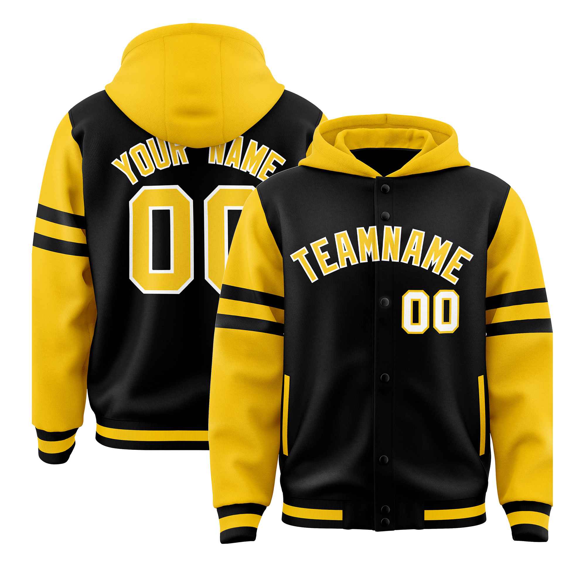 Custom Black Gold Raglan Sleeves Varsity Full-Snap Letterman Three Stripes Hoodie Jacket