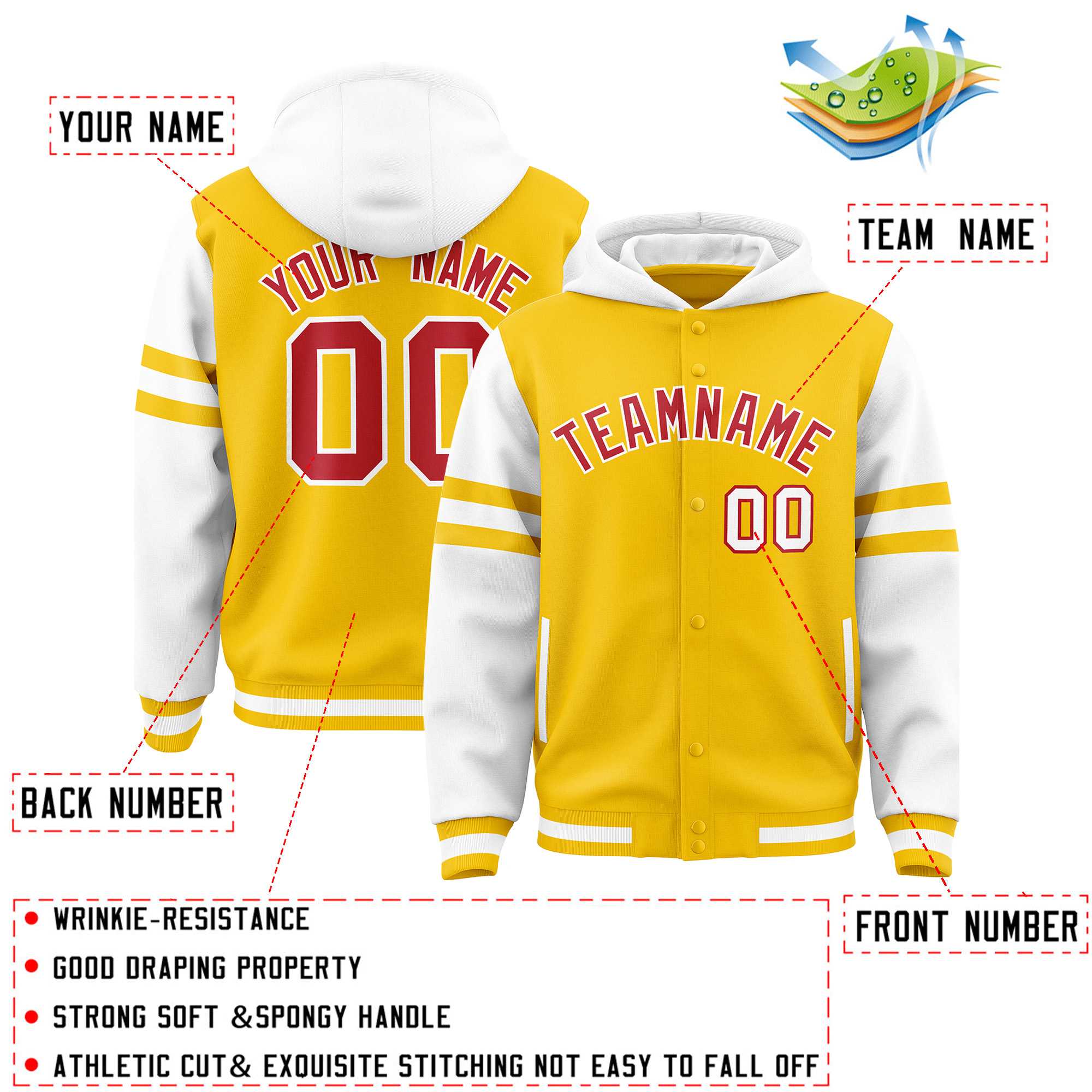 Custom Gold White Raglan Sleeves Varsity Full-Snap Letterman Three Stripes Hoodie Jacket