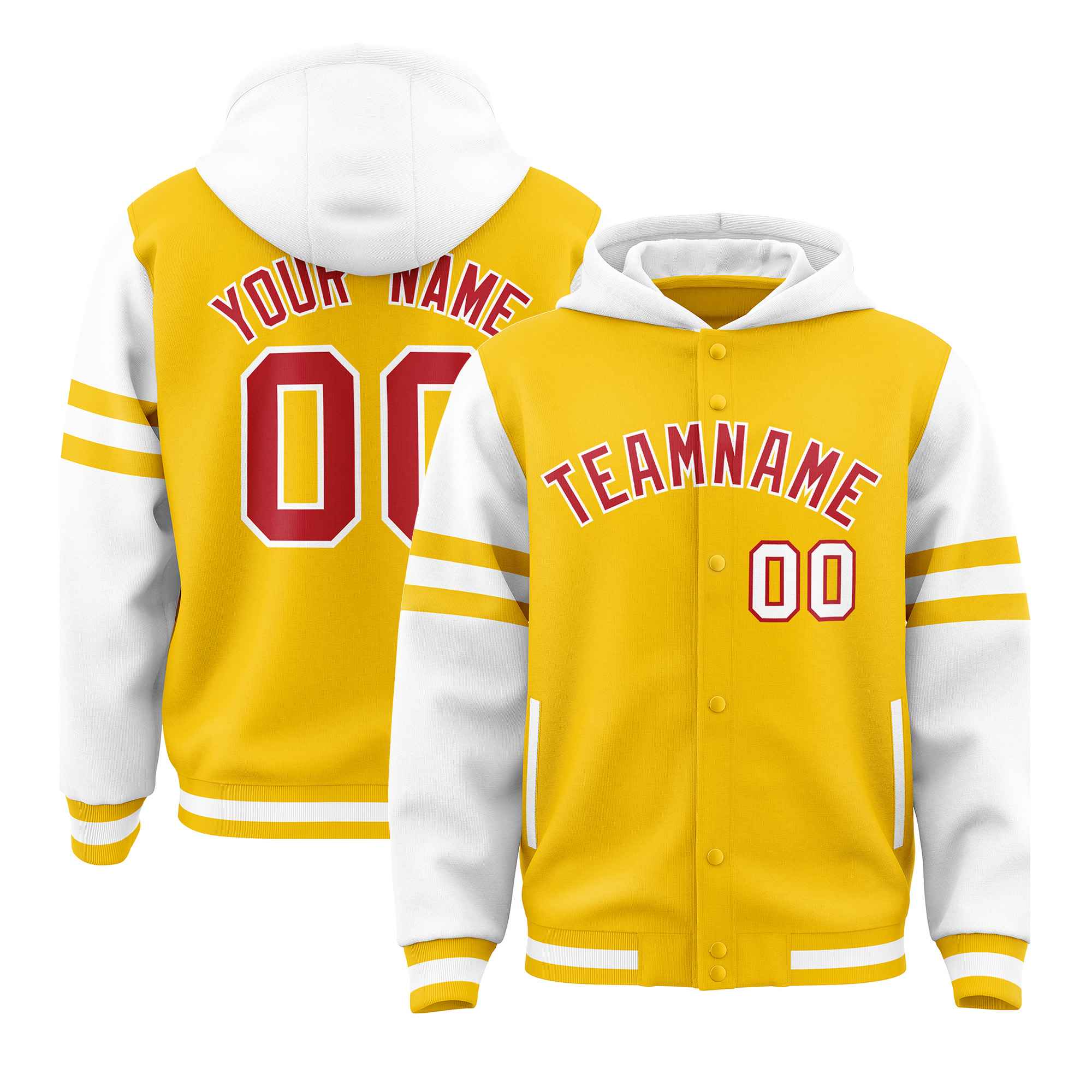 Custom Gold White Raglan Sleeves Varsity Full-Snap Letterman Three Stripes Hoodie Jacket