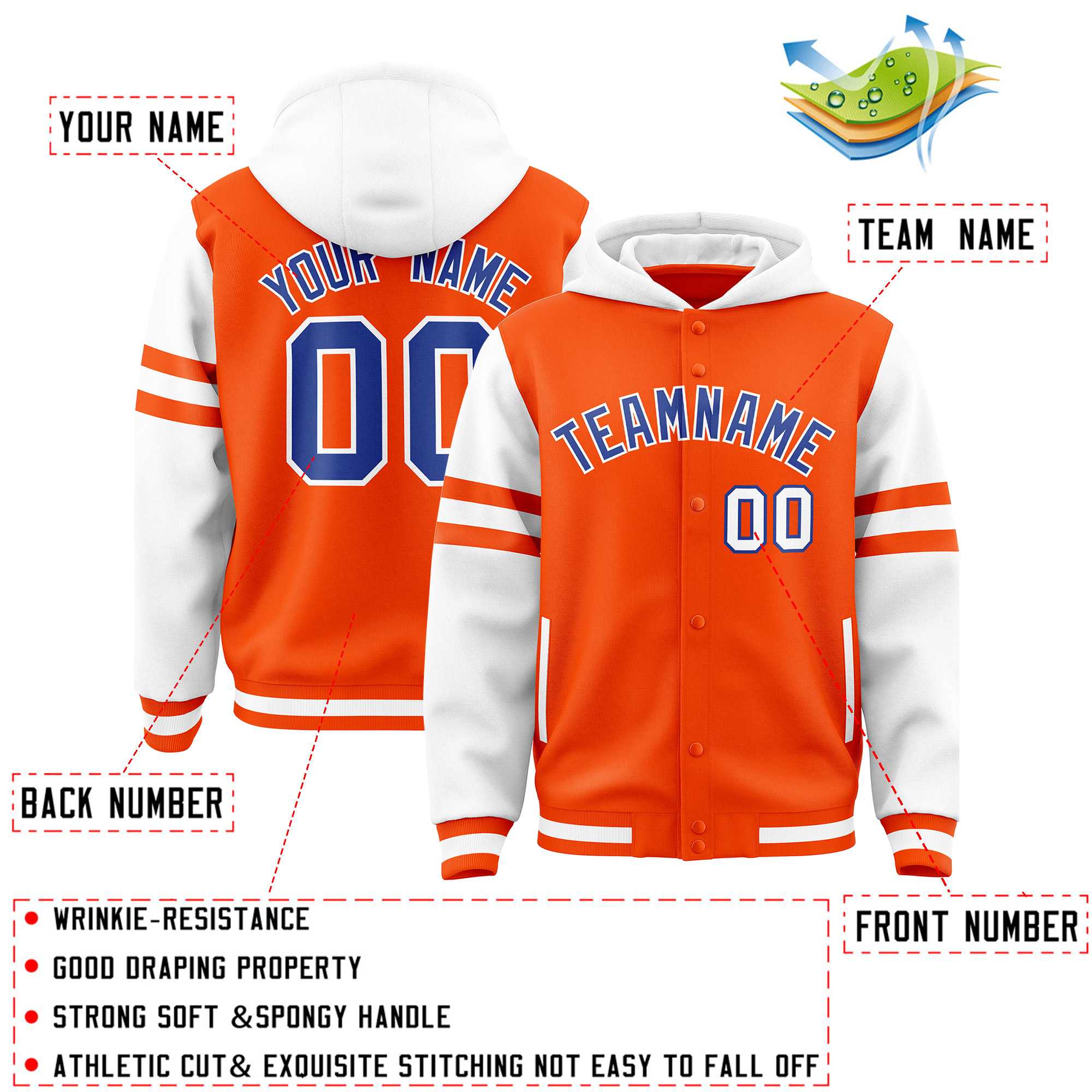 Custom Orange White Raglan Sleeves Varsity Full-Snap Letterman Three Stripes Hoodie Jacket