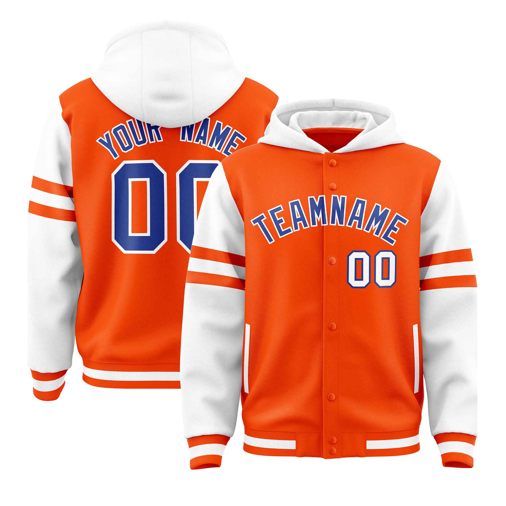 Custom Orange White Raglan Sleeves Varsity Full-Snap Letterman Three Stripes Hoodie Jacket